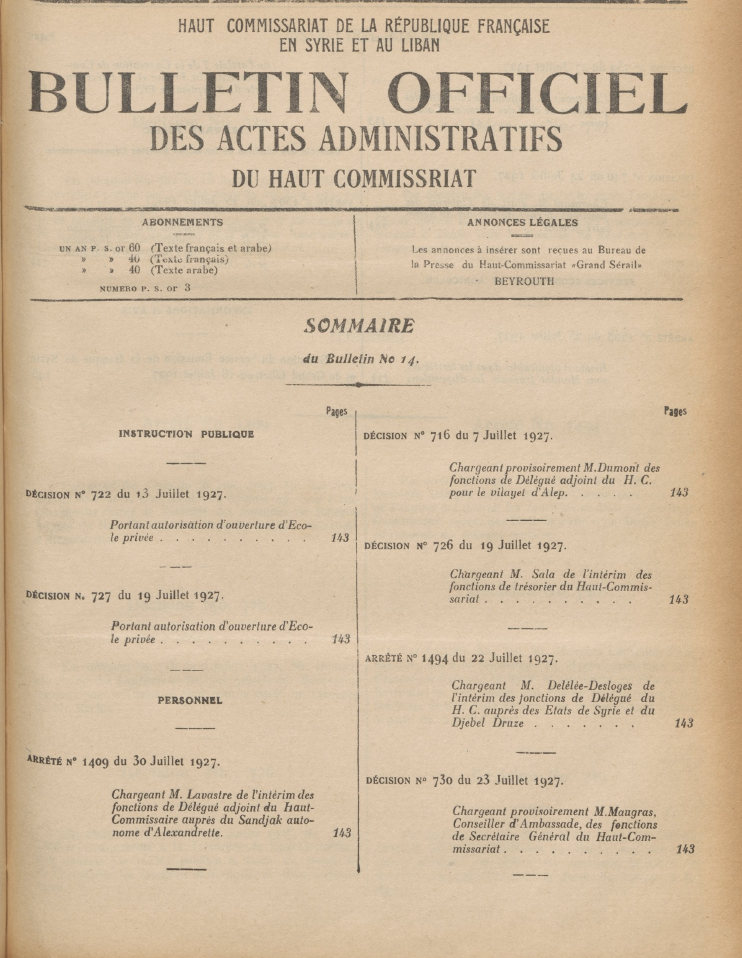 Bulletin Officiel des Actes Administratifs du Haut Commissariat Alexandrette